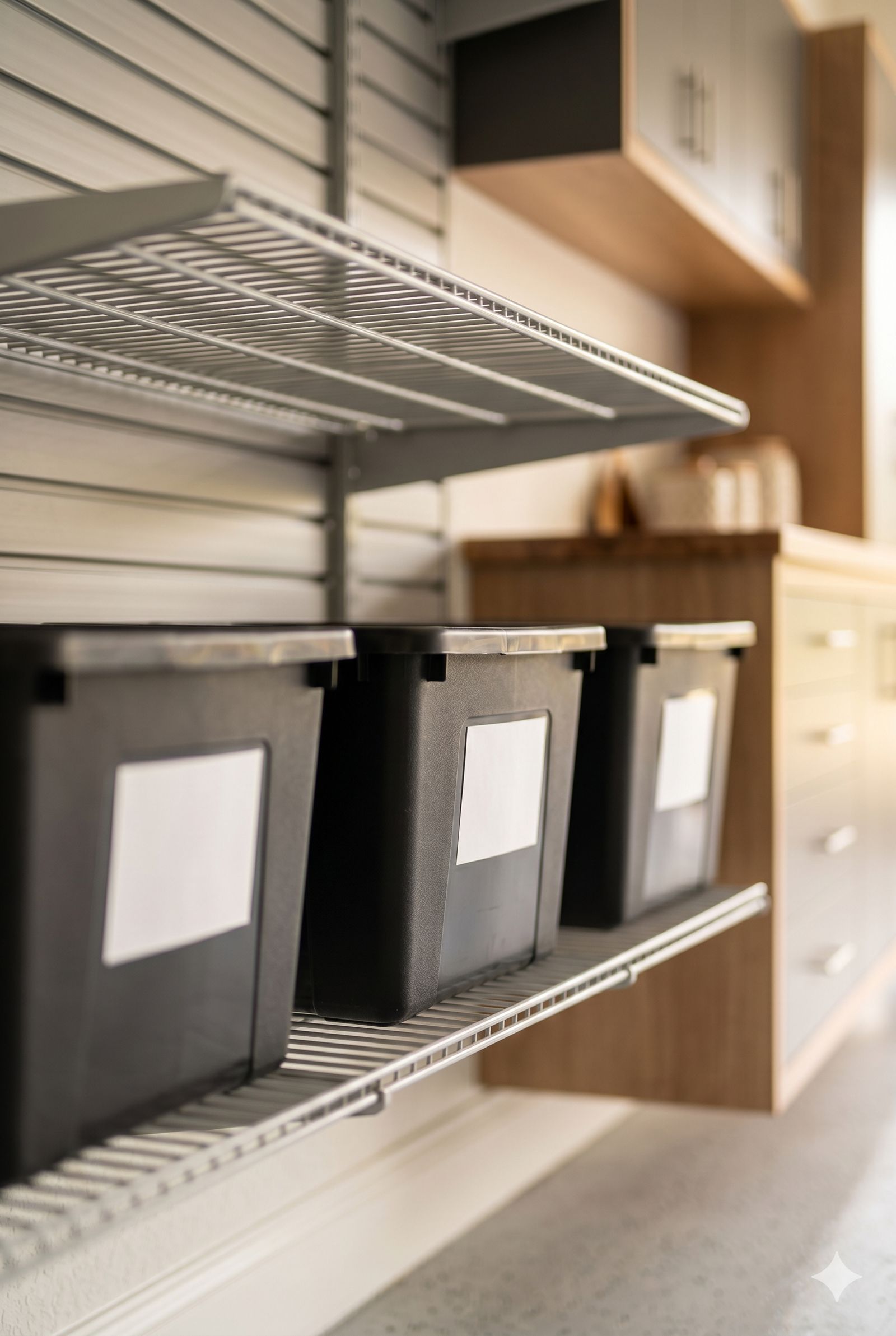 Quietly sorted, labeled bins on shelving in soft light