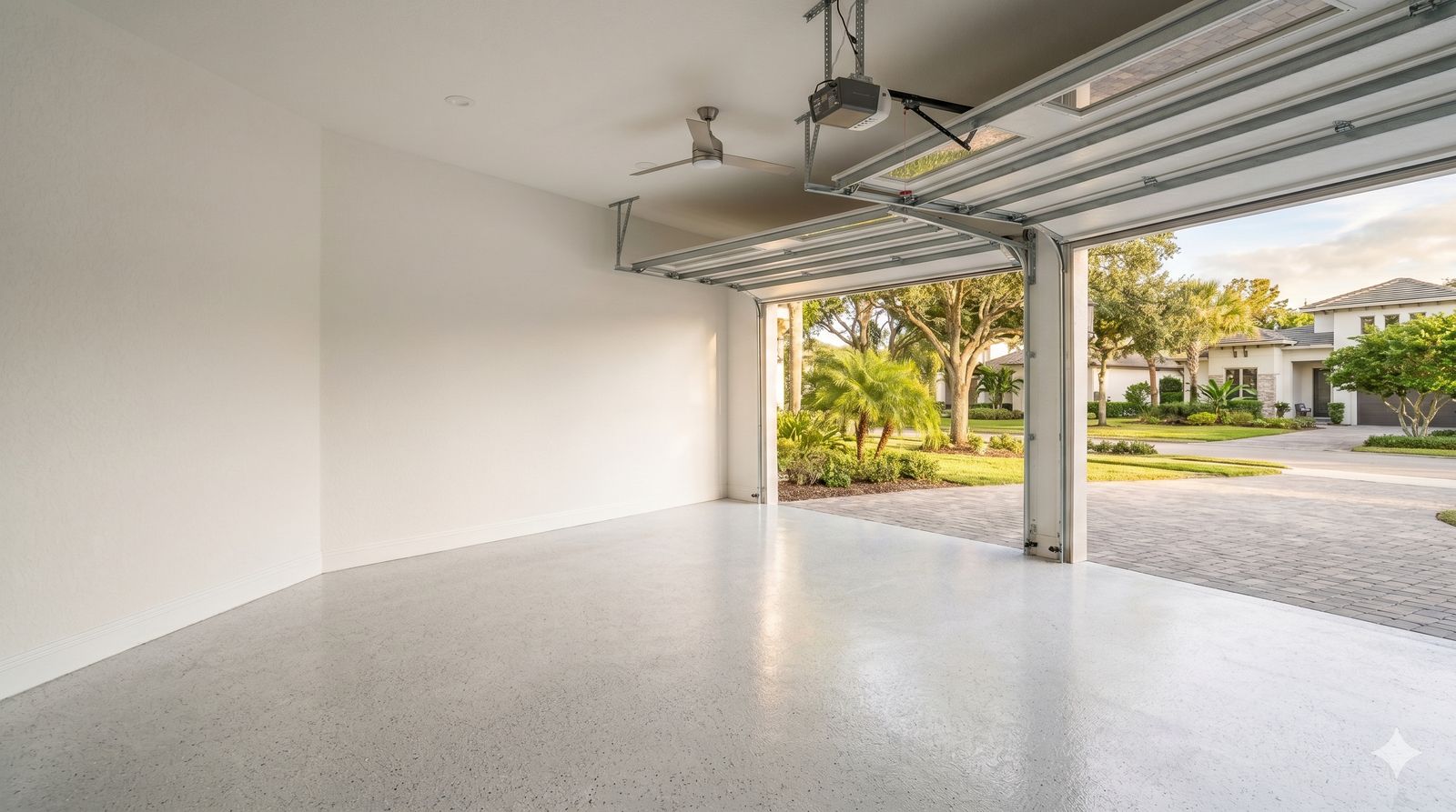 Finished two-car garage with the door open to morning light