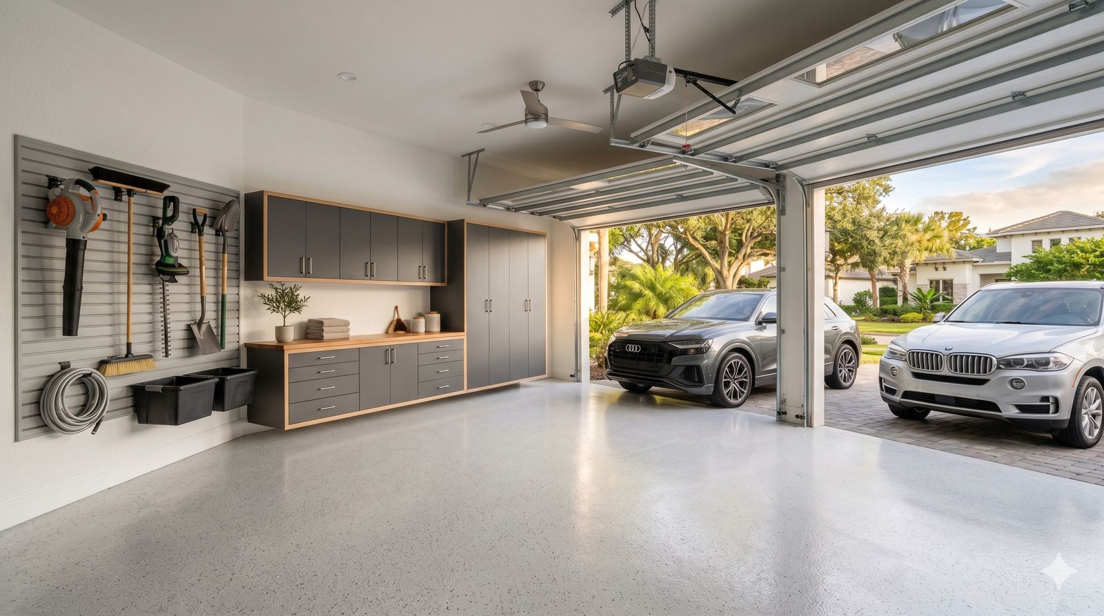 Listing-ready organized garage with cars in the driveway