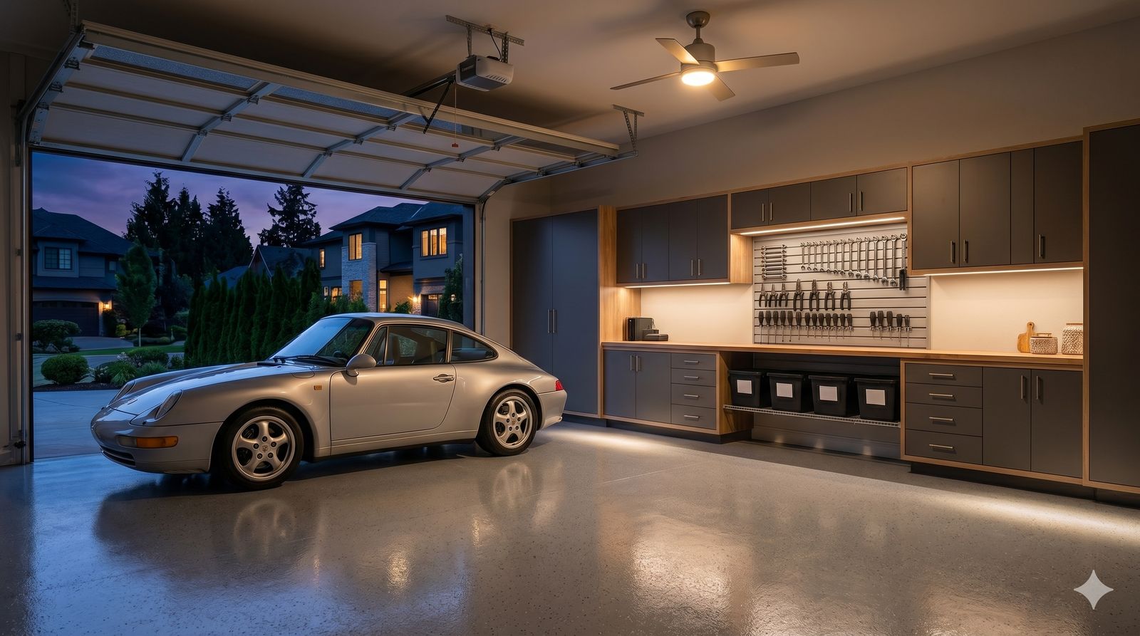 A classic sports car parked inside a finished garage at dusk, door open