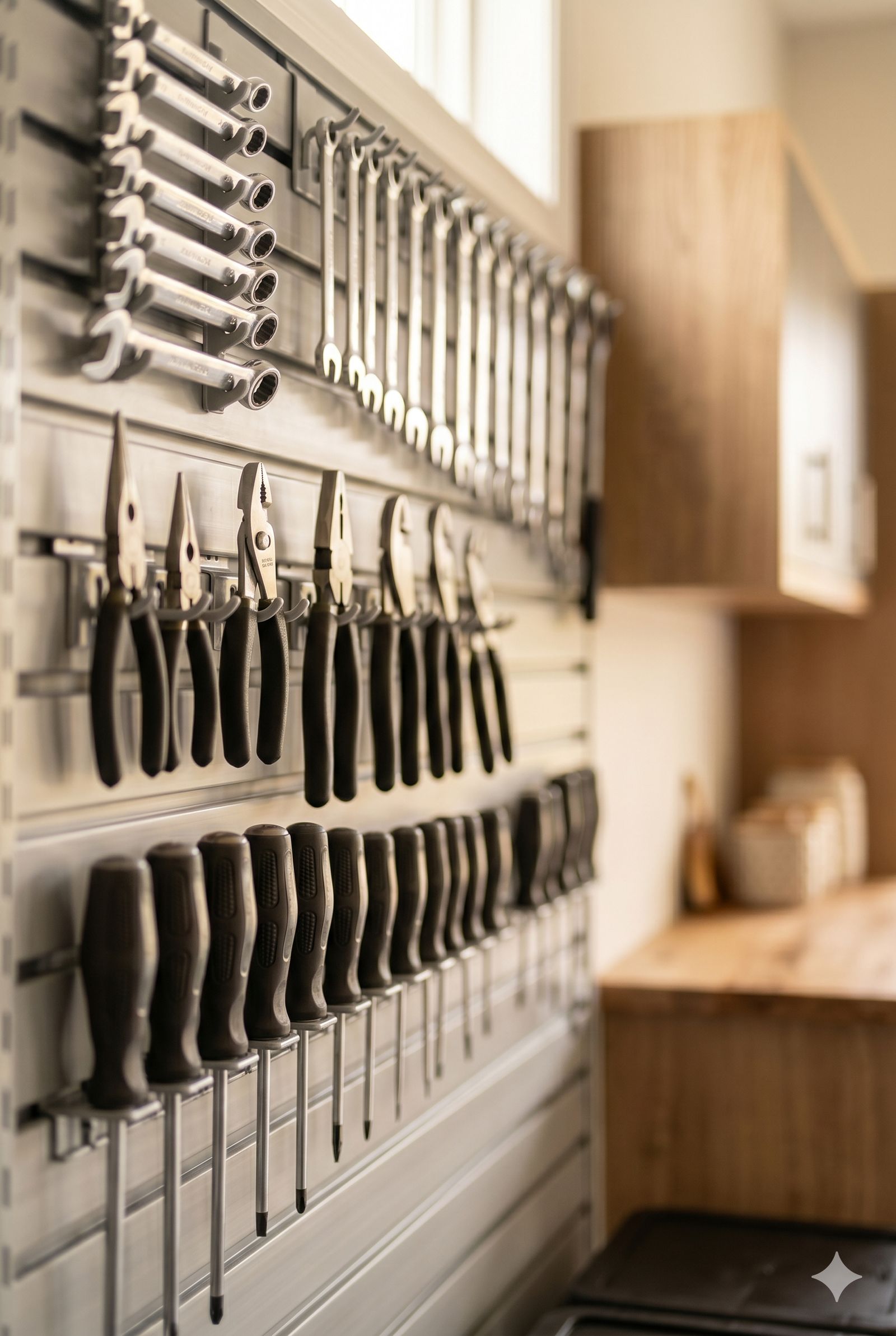 Organized wall of hand tools on a slat panel
